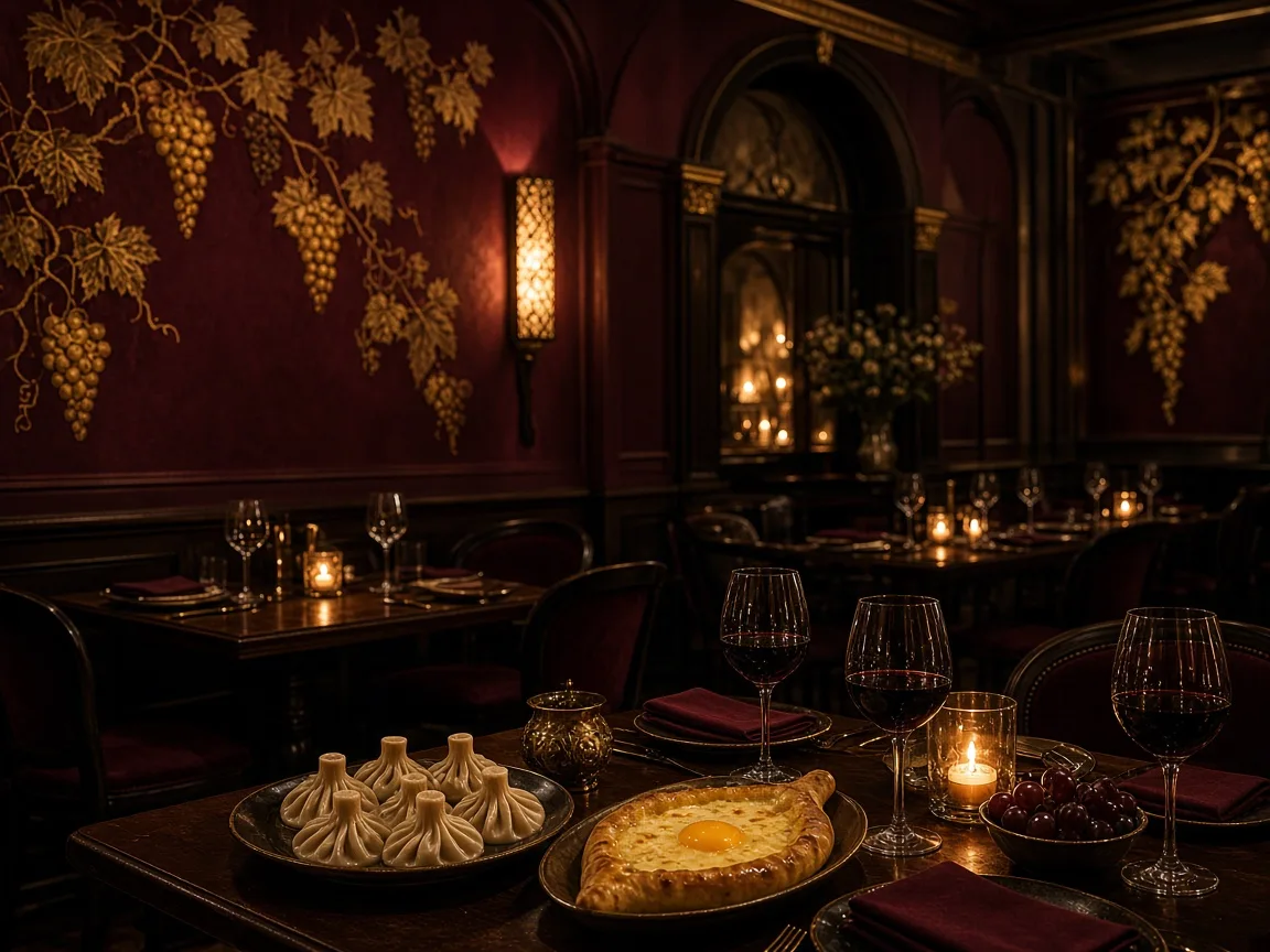 Warm dining room at Georgian Wine House & Cuisine in Feasterville-Trevose — tables set with Georgian dishes and wine