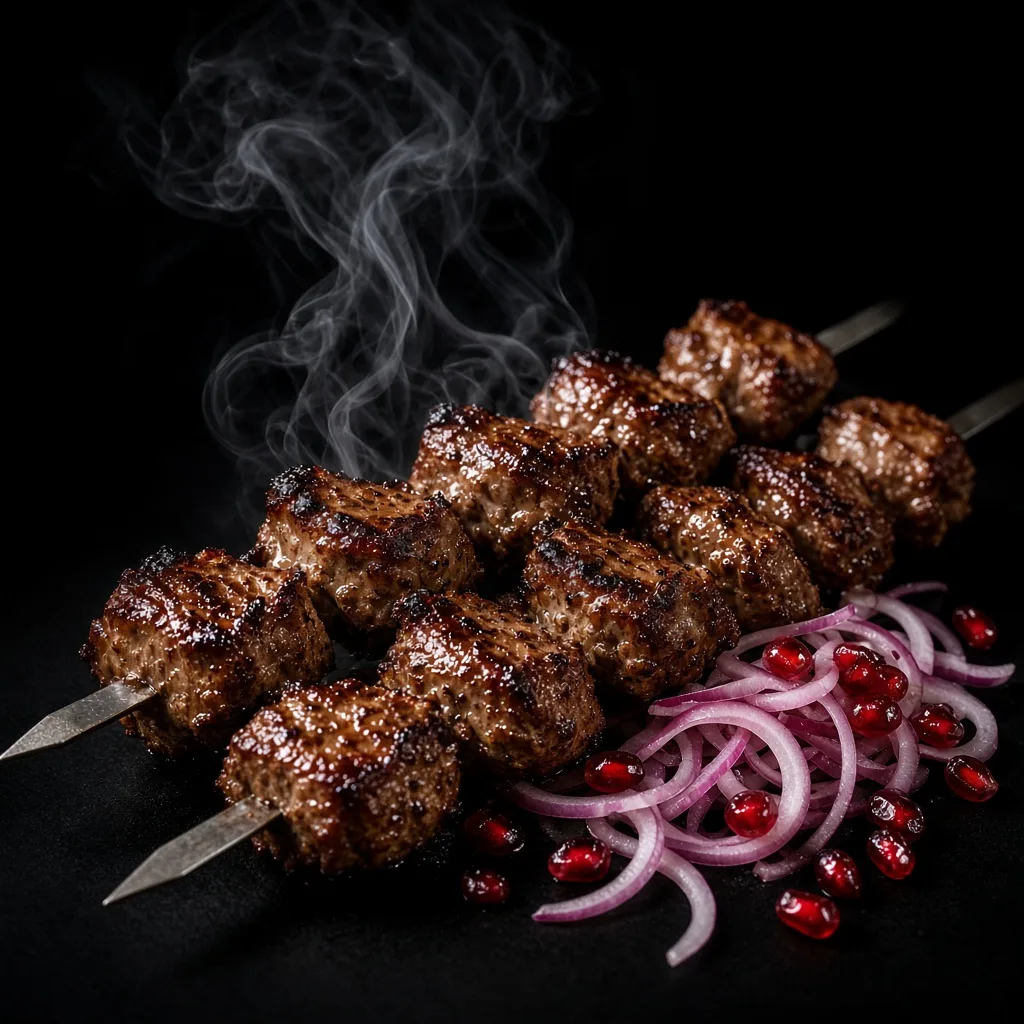Georgian mtsvadi BBQ skewers grilled over coals