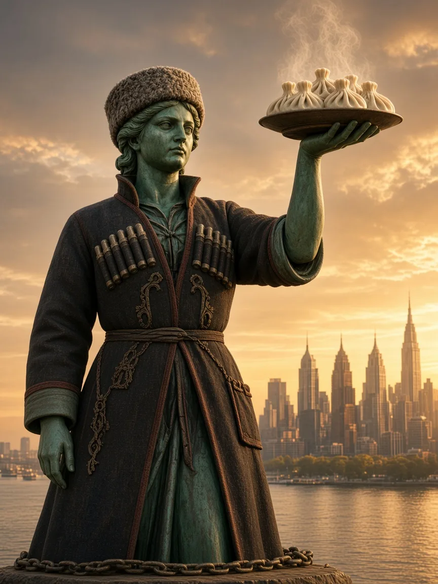 Statue of Liberty in a Georgian chokha holding khinkali over New York Harbor